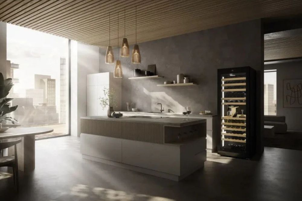 modern kitchen with sunlight featuring liebherr wine fridge